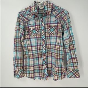 Ariat Rhinestone Plaid Embroidered Snap Front Long Sleeve Top Collar Medium